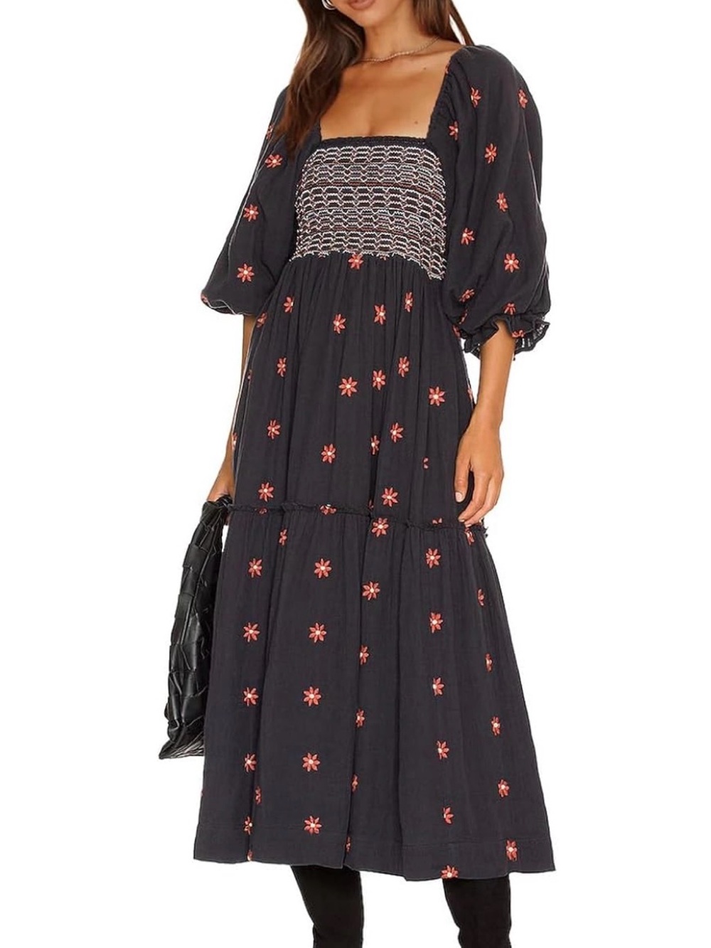 Smocked Square-Neck Black Midi Dress with Coral Floral Embroidery